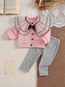 SHEIN 2件組女嬰公主風粉灰波點網紗荷葉邊蝴蝶結長袖圓領休閒連身褲外套套裝，秋季度假款，羅紋設計 - 粉色 - 查看 4