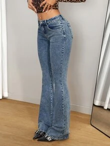 Jeanoix Plus Size Women's Y2K Retro Casual Slim Fit Flare Leg Denim Jeans With Pockets - Dark Wash - View 3