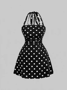 SHEIN MOD 女款波點掛脖短洋裝 - 黑色 - 查看 6