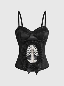 ROMWE Women's Skull Lace Bow Satin Camisole Bra, Sexy Adjustable Straps, Gothic Fairy Tale Style - Black - View 1