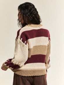 SoleilVie Women's Korean Style Color Block Long Sleeve Sweater For Vacation And Travel - Brown - View 2