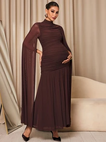 MaterniChic Maternity Elegant Pleated Dress For Evening Party - Brown - View 1