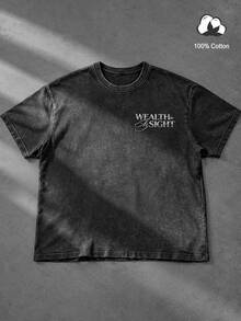 Manfinity EMRG 男士水洗黑色短袖T恤，復古疊加美鈔圖案與「Wealth In Sight」字母印花圓領上衣，Y2K風格街頭風T恤，適合音樂節、演唱會、日常休閒與外出 - 黑色 - 查看 3