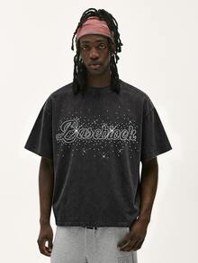 Baseblock Men's Washed Distressed Short Sleeve T-Shirt, English Rhinestone Print, Street Hip-Hop Style, Versatile For Daily Wear, Casual Outfit, Highlighting American Vintage Vibe - Black - View 5