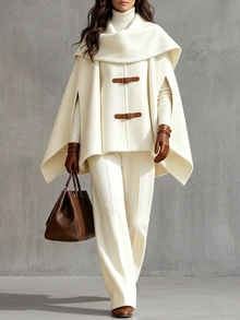 LUMIGAL Women's Cream Wool Blend Cape OverCoat , Leather Buckle Detail, Oversized Cloak Sleeve, Warm Fall Winter Outfit, Chic Office & Daily Wear - Apricot - View 11