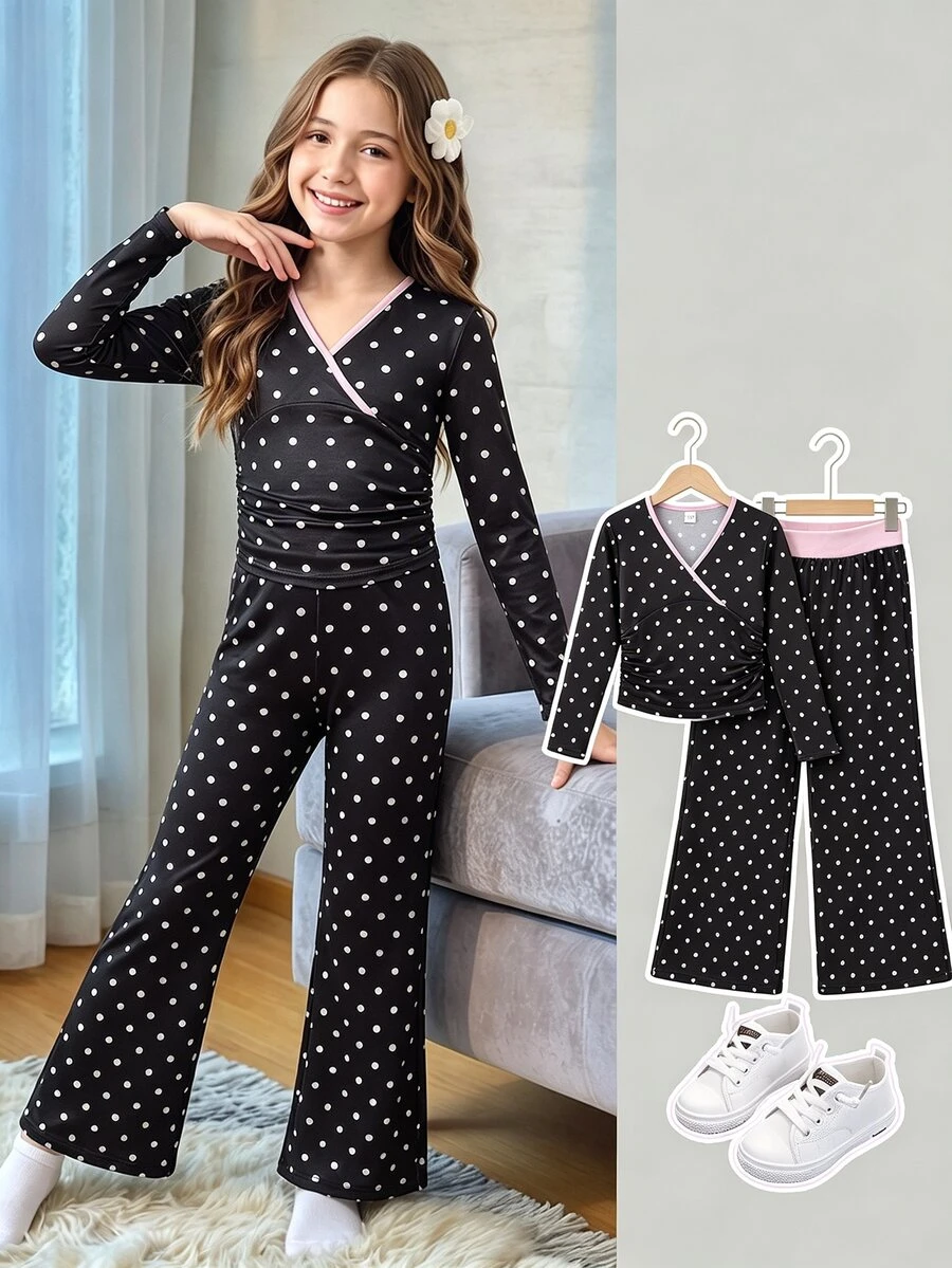 SHEIN Tween Girl Black Polka Dot & Pink Contrast 2 Pieces T-Shirt Set, Long Sleeve Slim Fit V-Neck Patchwork Top With Straight Leg Pants, Casual Loose Old Money Style, Suitable For School, Autumn, Halloween, Christmas And Daily Wear - Black - View 1