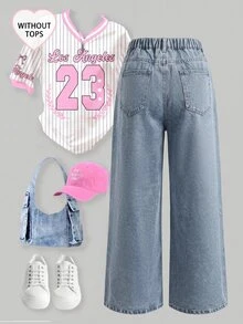 SHEIN Girlism 青少年女孩亮面水鑽藍色牛仔寬鬆長褲 牛仔女郎派對風 - 藍色 - 查看 2