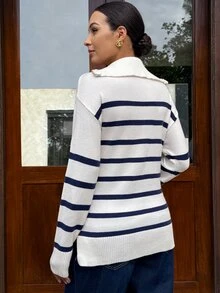 SHEIN Maternity Striped Drop Shoulder Long Sleeve Zipper Design Casual Nursing Sweater - Multicolor - View 3