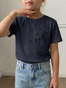 Dazy Kids 青少年女孩秋季服飾 青少年女孩圓領針織短袖蝴蝶結裝飾T恤 夏季 - 寶藍色 - 查看 2