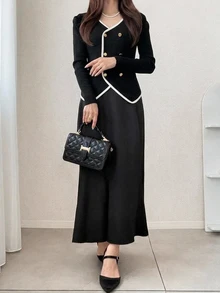 FRIFUL Women's Early Summer/Autumn New Korean Style Color Block Ribbed Slimming Long Sleeve T-Shirt - Black - View 7