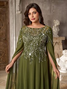Aureia Plus Size Elegant Luxurious Beaded Embroidered Burnout Craft Floating Petal Ruched A-Line Heavy Work Evening Gown Suitable For All Formal Occasions - Green - View 1