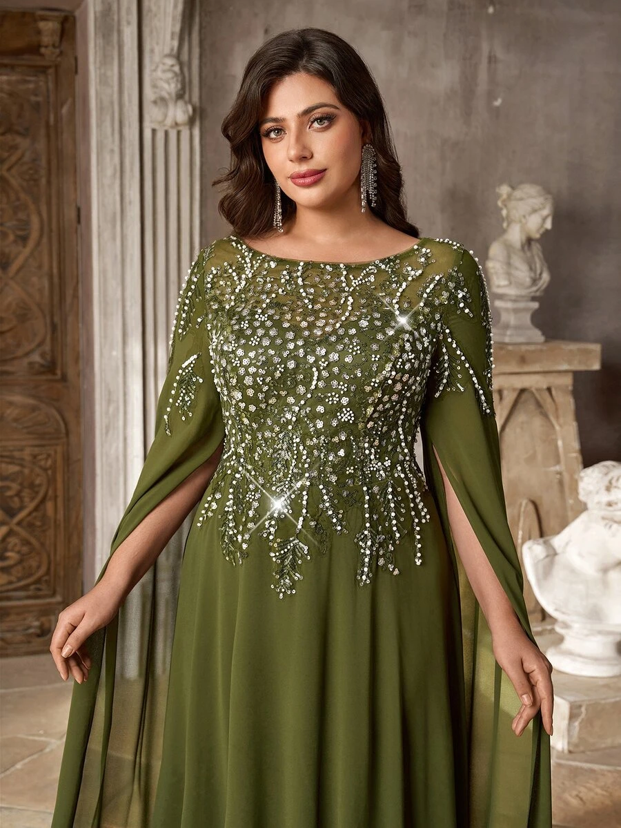 Aureia Plus Size Elegant Luxurious Beaded Embroidered Burnout Craft Floating Petal Ruched A-Line Heavy Work Evening Gown Suitable For All Formal Occasions - Green - View 1