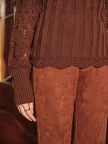 Anewsta Women's Knitted High Neck Turn Collar Petal Sleeve Pullover Sweater - Khaki - View 8