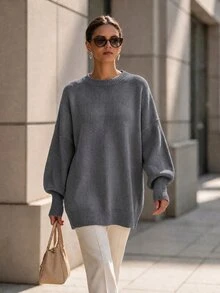 SHEIN 女款休閒通勤簡約純色落肩燈籠袖寬鬆圓領針織衫 - 深灰色 - 查看 4