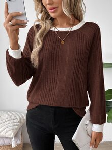 SHEIN LUNE 2024秋冬女款新款美拉德色系圓領運動衫上衣 - 棕色 - 查看 3