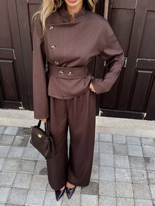 Serisse Women's Solid Color Fashion Minimalist Long Shirt & Pants 2 Pieces Set - Brown - View 6