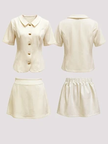 Cévolie Women's Spring/Autumn French Elegant Casual Solid Color Front Button Lapel Top + A-Line Mini Skirt 2 Pieces Set, Suitable For Office, Back To School, Daily Commute, Date And Shopping - Beige - View 4