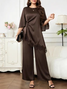 SHEIN Clasi Women's Lace Asymmetrical Hem Pleated Top And Satin Loose Fit Pants 2 Pieces Set - Coffee Brown - View 3