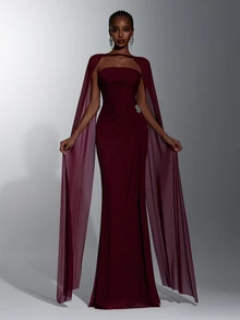 Elitara Elegant Burgundy Knit Mesh Strapless Ruched Waist Bodycon Long Dress With Detachable Strapless Drape, Suitable For Date, Single Party, Wedding, Event, Evening Banquet, Bridesmaid Dress - Burgundy - View 5