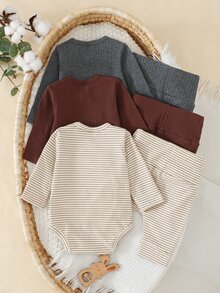 SHEIN 新生兒套裝休閒嬰兒服飾中性連身衣長袖輕便褲子卡其色炭灰色印花套裝搭配套裝新生女嬰 - 彩色 - 查看 2