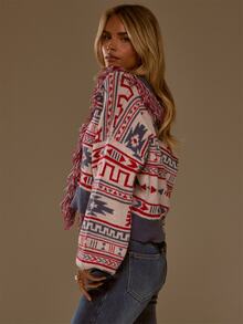 MUSERA Cardigan Rajut Fair Isle dengan Detail Rumbai Bergaris dan Kancing Depan, Model Crop Oversized untuk Musim Gugur dan Musim Dingin, Gaya Koboi Barat yang Imut - MultiWarna - View 5