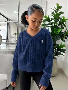 SHEIN 青少年女孩極簡純色V領長袖針織衫，休閒日常穿著，秋冬長袖上衣，學院風V領長袖針織衫，刺繡針織衫 - 藏蓝色 - 查看 4