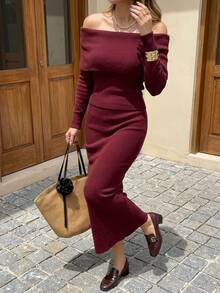 Strévra Women's 2pcs Set: Burgundy Round Neck Long Sleeve Knit Sweater & High Waist Slim Fit Ribbed Knit Pants, Autumn/Winter - Burgundy - View 6