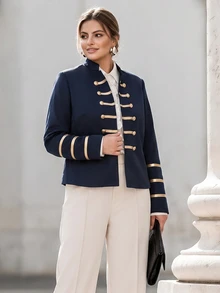 SHEIN Clasi Plus Size Autumn/Winter Colorblock Metal Buckle Napoleon Jacket - Navy Blue - View 4