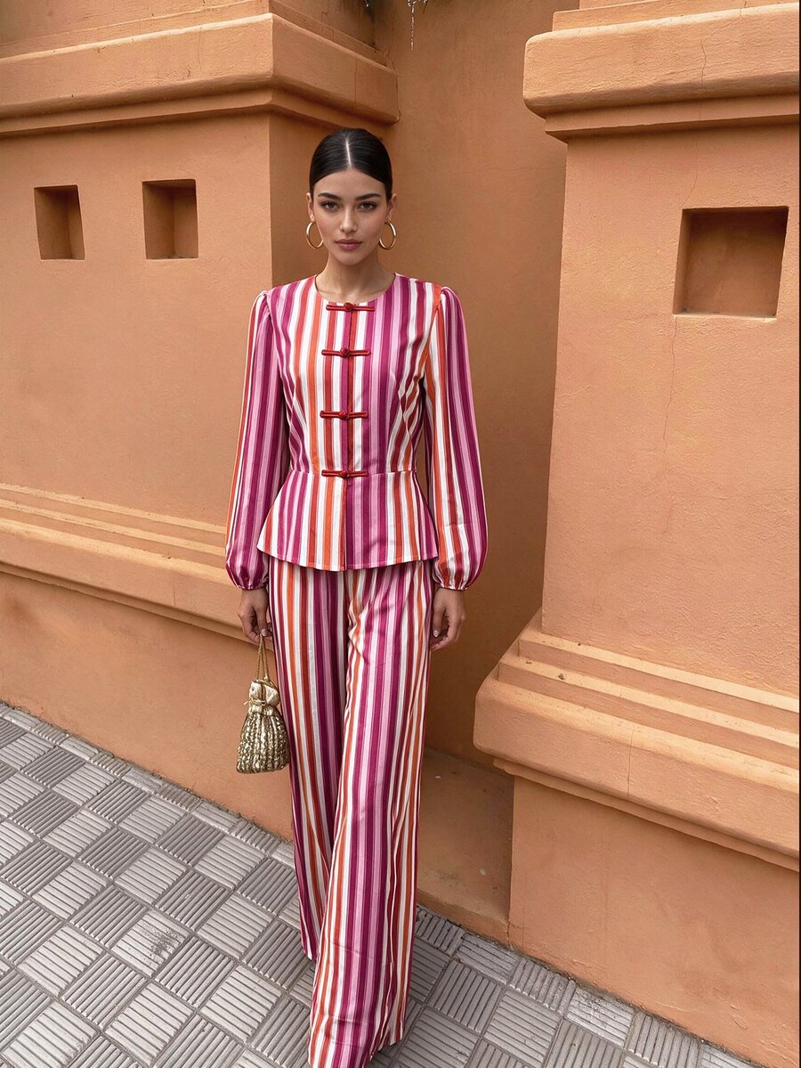 Flora Isola Flora Isola Women's 2pcs Set: Pink Chinese Style Frog Button Striped Shirt + Long Pants, Vacation Casual - Pink - View 1