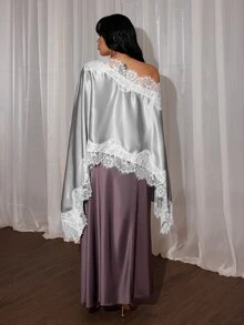Rustia Plus Size Solid Color Elegant Minimalist One-Shoulder Sexy Asymmetrical Hem Lace Patchwork Loose Blouse For Women - Light Grey - View 2