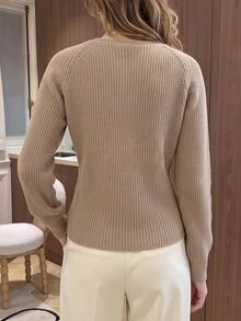 SHEIN PariChic Casual Loose Round Neck Long Sleeve Knitted Cardigan With Metal Button Shoulder Decor, Khaki Color, Women's Spring/Autumn - Khaki - View 2