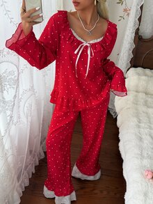 SHEIN طقم ملابس منزلية نسائي بنقاط حمراء، كشكشة حلوة، فضفاض، بأكمام طويلة - الأحمر - مشاهدة 1