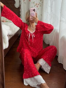 SHEIN طقم ملابس منزلية نسائي بنقاط حمراء، كشكشة حلوة، فضفاض، بأكمام طويلة - الأحمر - مشاهدة 3