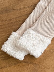 SHEIN 2pcs Toddler Girl Top + Pants Set Cute Sweet Beige Ribbed Knit Fuzzy Cuffs Long Sleeve Round Neck Thick Holiday Winter Fall Solid - Apricot - View 6