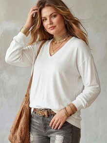 SHEIN LUNE 女款大尺碼V領長袖寬鬆柔軟針織毛衣，秋冬女裝 - 白色 - 查看 5