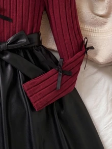 SHEIN 1件少女圓領套頭長袖羅紋刷毛布料拼接碎花下擺洋裝，甜美淑女風，秋季款 - 酒紅色 - 查看 4