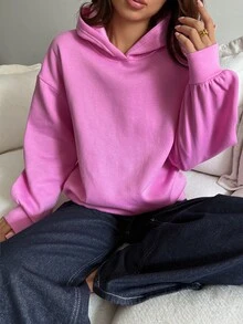 DAZY 中性連帽休閒保暖內裡純色寬鬆運動衫 - 玫紅色 - 查看 5