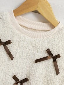 Young Girl Fall Winter Fuzzy Fleece Bow Sweatshirt & Skirt 2pcs Set - White - View 5