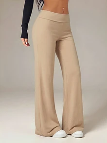 SHEIN PETITE 黑色高腰寬腿寬鬆休閒長褲 - 卡其色 - 查看 6