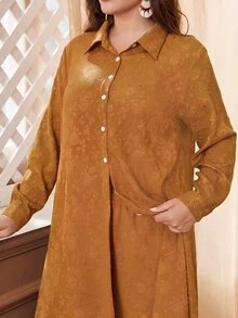 Mulvari 2pcs Textured Jacquard Contrast Button Plus Size Casual Set 2 Pieces Set - Yellow - View 6