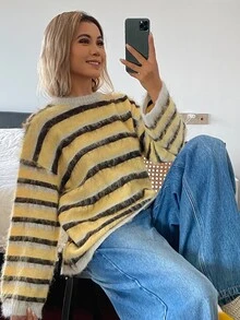 Livesso Women's Fall Dark Yellow Round Neck Long Sleeve Cable Knit Slim Fit Ribbed Casual French Streetwear Sweater Everyday Travel - Yellow - View 6