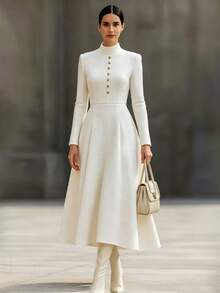 SHEIN Raffinéa Autumn/Winter Elegant Solid Color Textured Metal Button Decor Small Stand Collar Long Sleeve A-Line Long Dress For Women, Commute And Holiday Wear - White - View 4