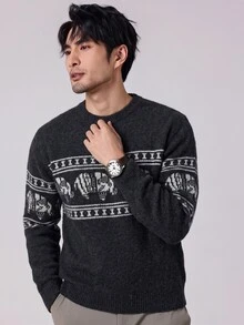 Manfinity Homme 男士圓領懶人長袖套頭毛衣，休閒提花秋冬服飾，黑色寬鬆時尚日常穿搭百搭動物圖案套頭毛衣 - 深灰色 - 查看 6