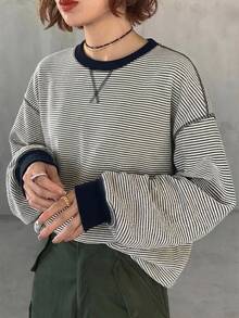 FRIFUL 女款圓領條紋長袖休閒T恤 - 黑與白 - 查看 4