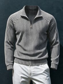 TONEVAULT Men's Striped Raglan Long Sleeve Zip Half-Placket Casual Sweatshirt - White - View 5