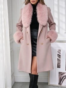 SHEIN Clasi 女款雙排扣繫帶毛絨飾邊優雅長版大衣，秋冬款 - 粉色 - 查看 3