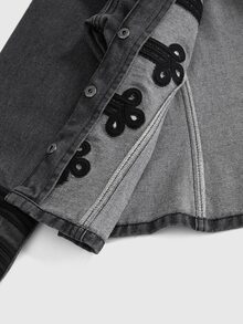 ROMWE Grunge Punk Street Punk New Chinese Style Frog Button Design Slim Fit Small Stand Collar Long Sleeve Women's Denim Jacket - Grey - View 5