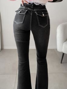 FRIFUL Women's Fashion Versatile Button Flare Jeans School Everyday Black And White Striped Fall Casual Streetwear - Grey - View 7