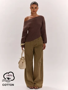 SHEIN BAE Autumn/Winter New Women's Fashion Versatile Elegant Chic Solid Color Knitted Fitted Ruched Casual Sweater - Brown - View 1
