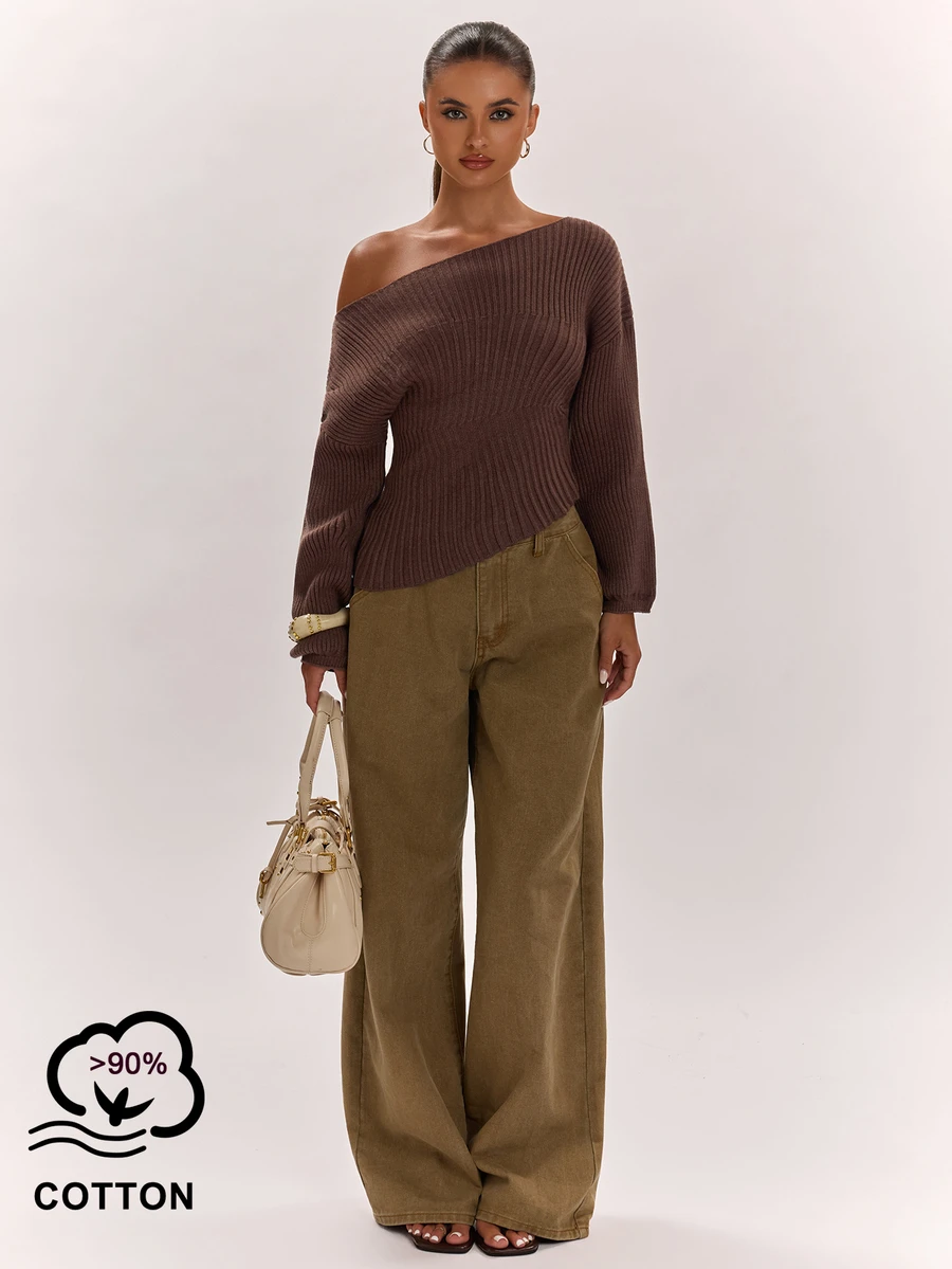 SHEIN BAE Autumn/Winter New Women's Fashion Versatile Elegant Chic Solid Color Knitted Fitted Ruched Casual Sweater - Brown - View 1